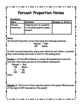Preview of Percent Proportions Guided/Scaffolded Student Notes with Answer Key