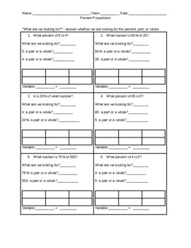 Preview of Percent Proportions Worksheet