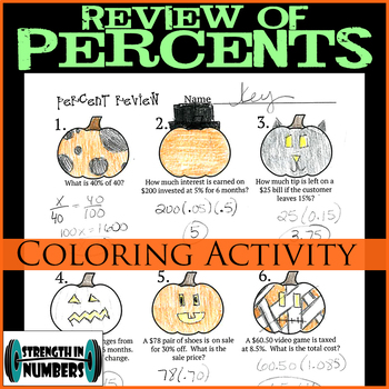 Preview of Percent Review Halloween Jack-O-Lantern Coloring Activity Interactive Notebook