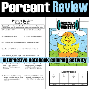 Preview of Percent Review Interactive Notebook Easter Chick Coloring Activity