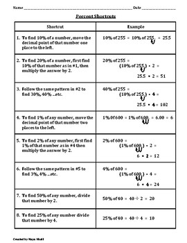 Preview of Percent Shortcuts Worksheet - Teaching and Practice