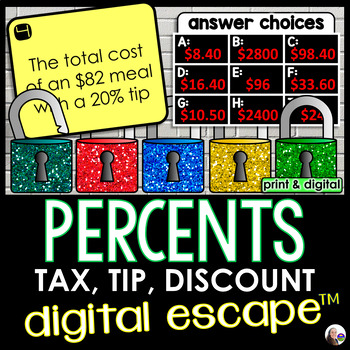 Preview of Percent Sales Tax, Tip, Discount Digital Math Escape Room Activity
