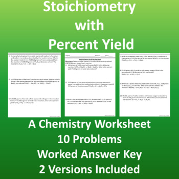 Preview of Percent Yield Stoichiometry Chemistry Worksheet 10 Problems with Answers