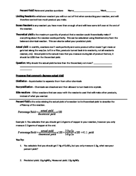 Percent Yield and Stoichiometry Notes and Practice Problems Worksheet
