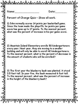 Preview of Percent of Change Quiz - Word Problems - Key Included