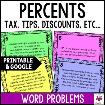 Preview of Percent of Change | Taxes Tips Discounts Markup Sales Tax Word Problems