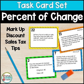 Preview of Percent of Change with Tips Discount Markup and Sales Tax Task Cards
