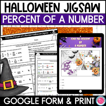 Preview of Percent of a Number Halloween Jigsaw Activity Google Form and Worksheets