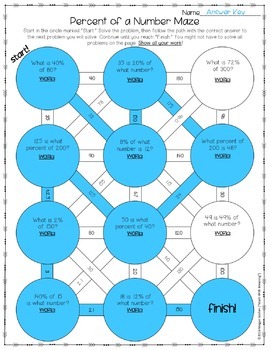 Percent of a Number Maze Activity - Find the Part, Whole, or Percent