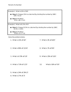 Preview of Percent of a Number Worksheet