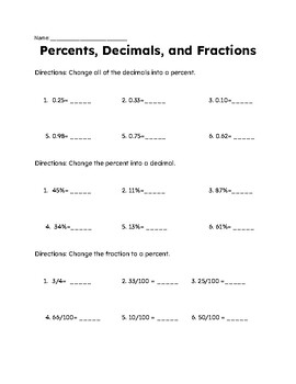 Preview of Percentage, Decimals, and Fractions
