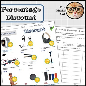 Preview of Percentage Discount Worksheet Homework Sheet Fun Challenge - Spending Money!