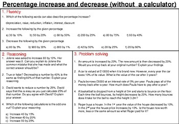 Percentage increase and decrease non calculator  mastery worksheet