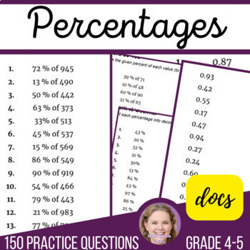Preview of Percentages Math Worksheets with Decimals Grades 4 and 5 Digital Resources