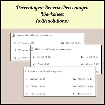 Preview of Percentages-Reverse Percentages Worksheet (with solutions)