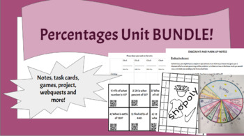 Preview of Percentages Unit BUNDLE | Notes,Task Cards,Webquests, Projects