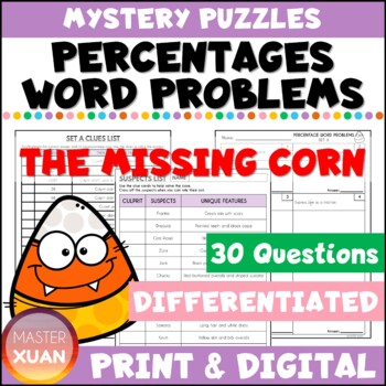 Preview of Percentages Word Problems Worksheets - Halloween Candy Math Mystery