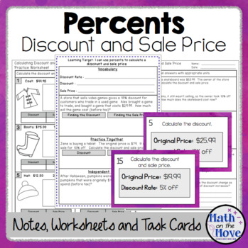 Percents - Discount and Sale Price - Notes, Task Cards, and a Practice