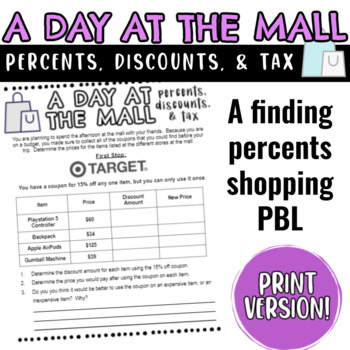 Preview of Percents Discounts Tax Shopping PBL Finding Real-World Percent & Percentages