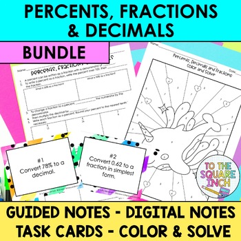 Preview of Percents, Fractions and Decimals Notes & Activities | Digital Notes | Task Cards