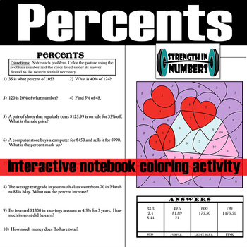 Preview of Percents Interactive Notebook Valentine's Day Coloring Activity