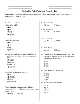 Preview of Percents Quiz - Finding Part, Whole, and Percent