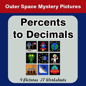 Percents to Decimals - Color-By-Number Math Mystery Pictures - Space theme