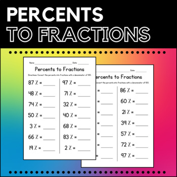 Preview of Percents to Fractions Worksheets - Converting & Writing Activities - Test Prep