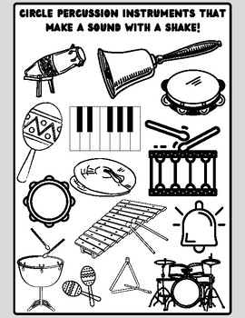 Preview of Percussion Instruments (Hit, Shake, Scrape) Coloring Worksheet, Fun, Mindful