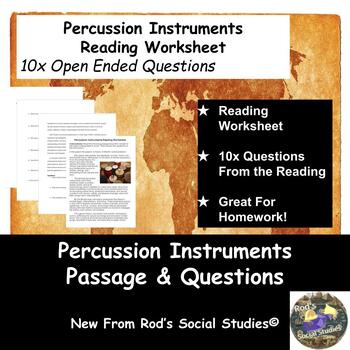 Preview of Percussion Instruments Reading Worksheet **Editable**