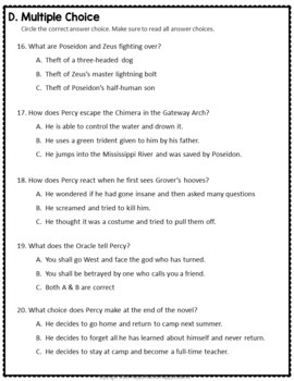 Percy Jackson and the Lightning Thief 50 Question MC Test with Bonus