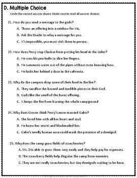 Percy Jackson Lightning Thief Test Final Book Quiz With Answer Key