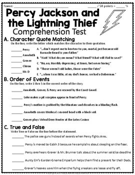 Percy Jackson Lightning Thief Test: Final Book Quiz with Answer Key
