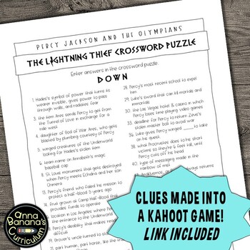 Percy Jackson THE LIGHTNING THIEF Crossword Puzzle FREE TpT