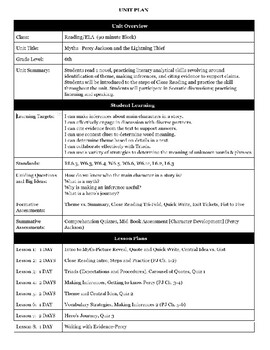 percy jackson unit 1 lesson plans and materials by the