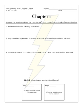 Preview of Percy Jackson and The Lightning Thief Chapter Check Questions