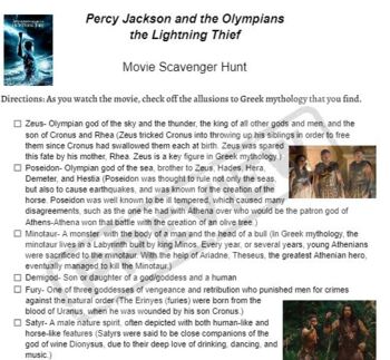 Preview of Percy Jackson and the Olympians the Lightning Thief Movie Scavenger Hunt