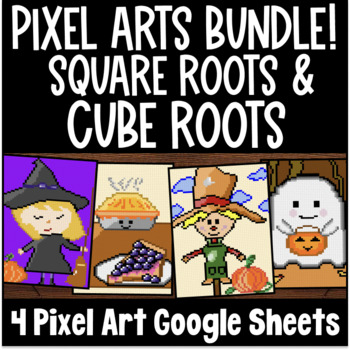 Preview of Square & Cube Roots Pixel Art BUNDLE | Perfect Squares & Cubes | Thanksgiving