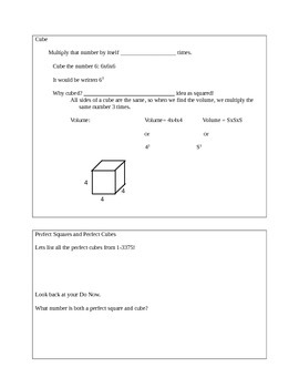 Preview of Perfect Squares, Perfect Cubes, Square Roots and Cube Roots