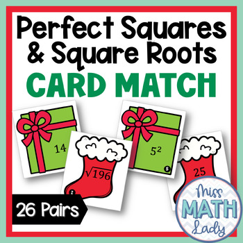 Preview of Perfect Squares and Square Roots Card Match Christmas Math Activity