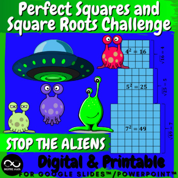 Preview of Perfect Squares and Square Roots Math Challenge STOP THE ALIENS Print & Digital