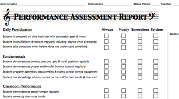 Preview of Performance Assessment Evaluation Form (percussion)