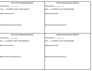 Preview of Performance: Classmate Feedback Sheets (4 per sheet)