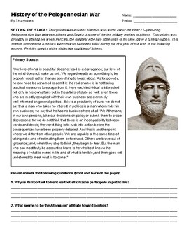 Pericles Funeral Oration Peloponnesian War Primary Source Analysis Worksheet