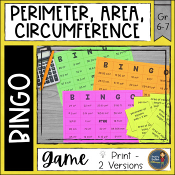 Preview of Perimeter Area Circumference BINGO Math Game - Math Review Activity Test Prep