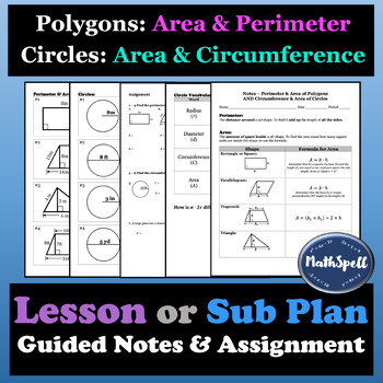 Preview of Geometry | Area and Perimeter & Area and Circumference | Full Lesson or Sub Plan