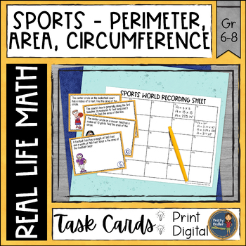 Preview of Perimeter Area Circumference Real World Math Task Cards Sports