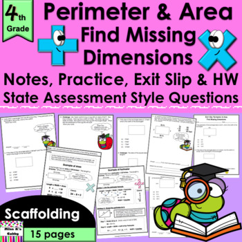 Preview of Perimeter & Area: Find Missing Dimensions notes, CCLS practice, exit slip, HW