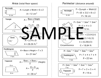 Preview of Perimeter & Area Formulas: Rectangle, Triangle, Circle. Parallelogram, Trapezoid