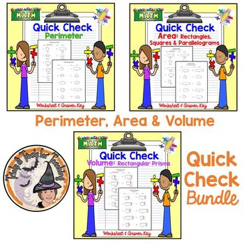 Preview of Perimeter Area Volume Geometry QUICK CHECK BUNDLE Worksheets KEY Quiz Test